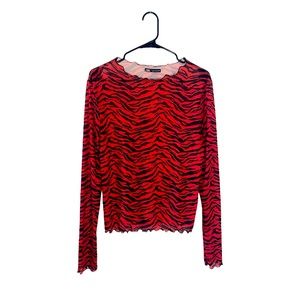 Red & Black zebra print semisheer mesh long sleeve lettuce sleeve zara top